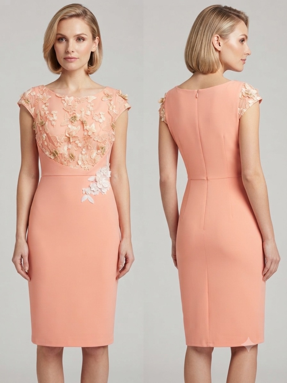 VfEmage Peach Lace-Appliqué Cap-Sleeve Midi Dress
